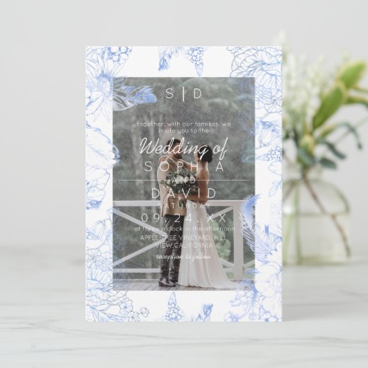 Blue Floral Photo Modern Wedding  招待状 (スタンド正面)