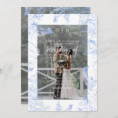 Blue Floral Photo Modern Wedding  招待状 (正面/裏面)