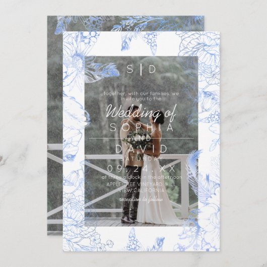 Blue Floral Photo Modern Wedding  招待状 (正面/裏面)