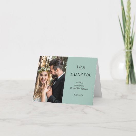 Blue Floral Photo Wedding Thank You サンキューカード (正面)