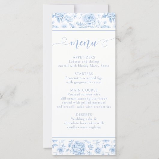 Blue Floral Porcelain Bridal Shower Menu Cards (正面)