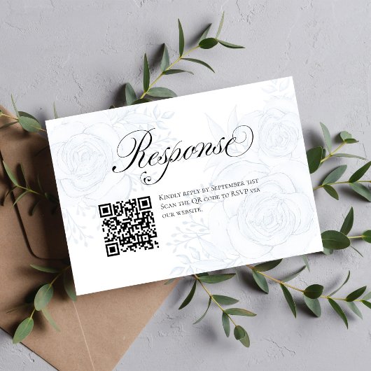 Blue Floral QR Code Wedding RSVP Insert Card