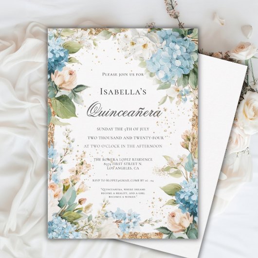 Blue Floral Quinceañera Elegant Celebration 15 招待状
