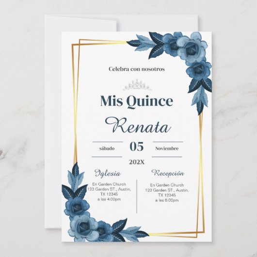 Blue Floral Quinceañera Spanish  招待状 (正面)