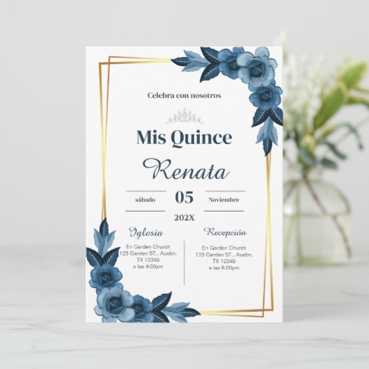 Blue Floral Quinceañera Spanish  招待状 (スタンド正面)