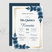 Blue Floral Quinceañera Spanish  招待状 (正面/裏面)