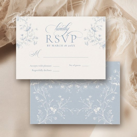 Blue Floral Romantic Calligraphy Garden Wedding 出欠カード