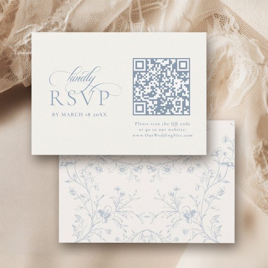 Blue Floral Romantic Calligraphy with QR Code 出欠カード