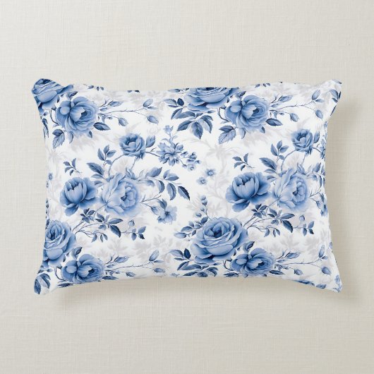 Blue Floral Rose Pattern Throw Pillow アクセントクッション (正面)