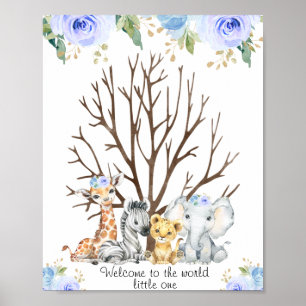 Blue Floral Safari Fingerprint Guestbook Poster ポスター