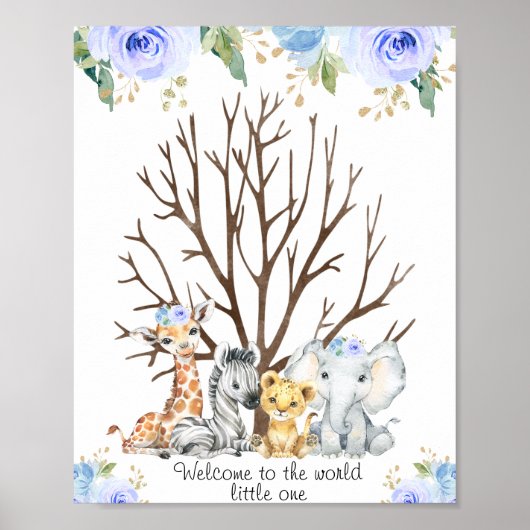 Blue Floral Safari Fingerprint Guestbook Poster ポスター (正面)