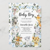 Blue Floral Safari Jungle Baby Shower 招待状 (正面/裏面)
