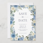 Blue Floral Save The Date With Photo Flat Card 招待状 (正面)