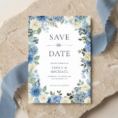 Blue Floral Save The Date With Photo Flat Card 招待状