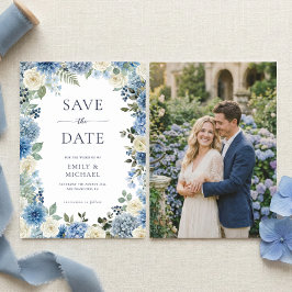Blue Floral Save The Date With Photo Flat Card 招待状