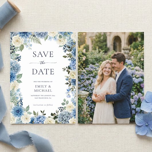 Blue Floral Save The Date With Photo Flat Card 招待状