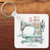Blue Floral Sewing Machine Keychain  キーホルダー (正面)