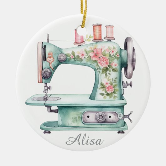 Blue Floral Sewing Machine Ornament  セラミックオーナメント (正面)