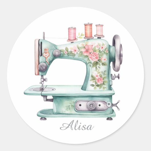 Blue Floral Sewing Machine Round Stickers ラウンドシール (正面)