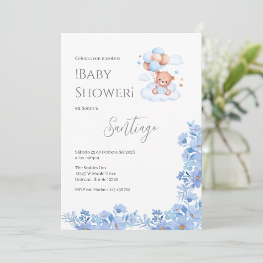 Blue floral Spanish Baby Shower Boy invitation 招待状 (スタンド正面)