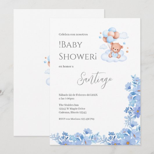Blue floral Spanish Baby Shower Boy invitation 招待状 (正面/裏面)