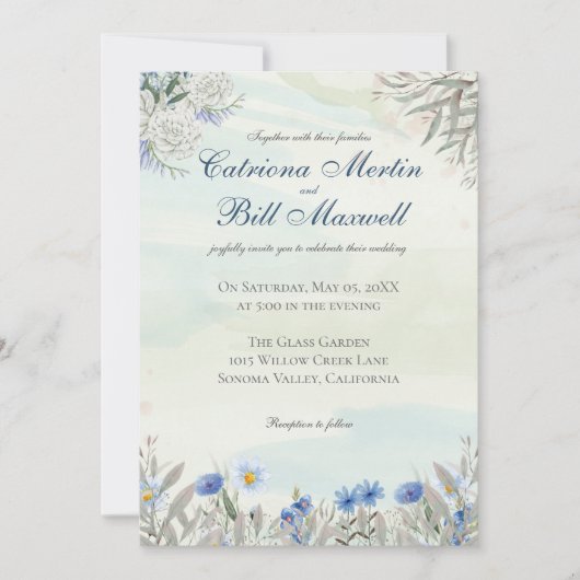Blue Floral Spring Garden Wedding Invitation 招待状 (正面)