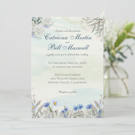 Blue Floral Spring Garden Wedding Invitation 招待状 (スタンド正面)