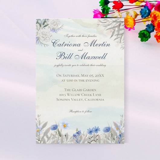 Blue Floral Spring Garden Wedding Invitation 招待状