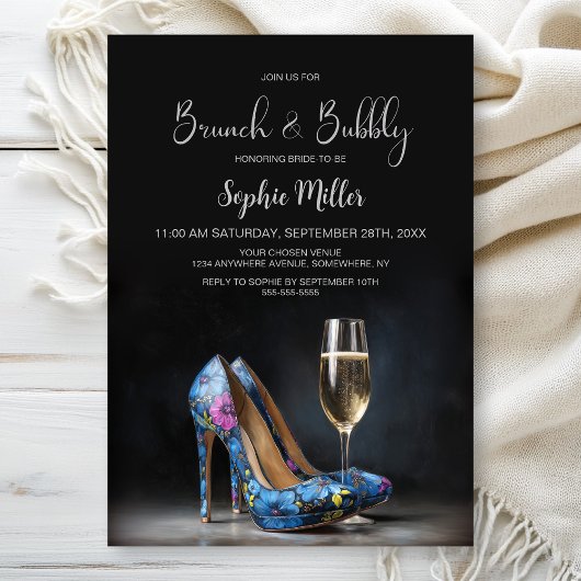 Blue Floral Stiletto Shoes Brunch and Bubbly 招待状