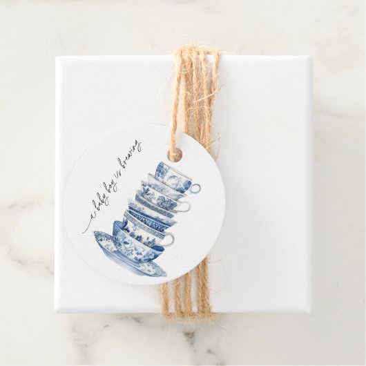 Blue Floral Tea Party Baby Shower フェイバータグ (インサイチュ)