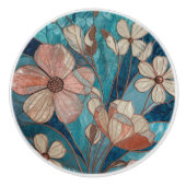 Blue Floral Teal Cream Copper セラミックノブ (正面)
