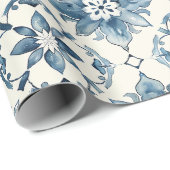 Blue Floral Tile Pattern Gift Wrap ラッピングペーパー (ロールコーナー)