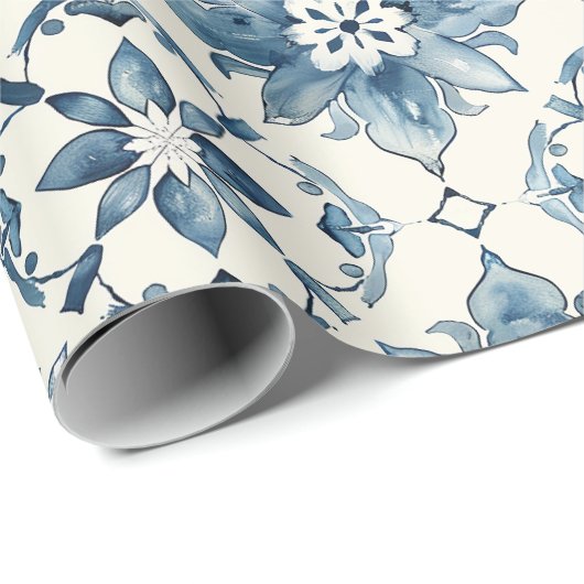 Blue Floral Tile Pattern Gift Wrap ラッピングペーパー (ロールコーナー)