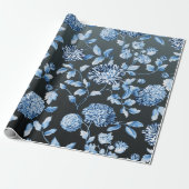 Blue Floral Toile Black Ombre Background ラッピングペーパー (アンロールド)
