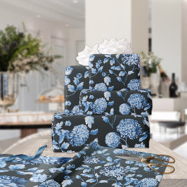 Blue Floral Toile Black Ombre Background ラッピングペーパー