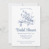 Blue Floral Toile Bridal Shower 招待状 (正面)