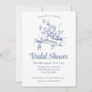 Blue Floral Toile Bridal Shower 招待状