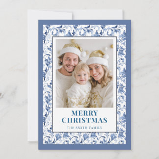 Blue Floral Toile Christmas Photo Holiday Card シーズンカード
