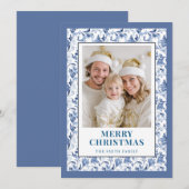 Blue Floral Toile Christmas Photo Holiday Card シーズンカード (正面/裏面)