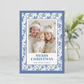Blue Floral Toile Christmas Photo Holiday Card シーズンカード (スタンド正面)