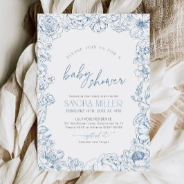 Blue Floral Toile de Jouy Baby Shower Invitation 招待状