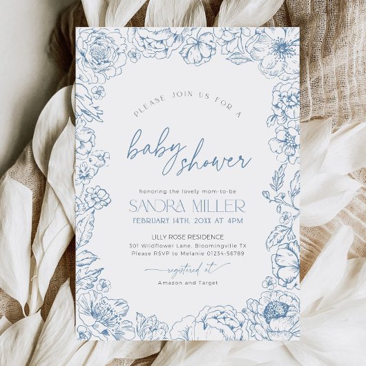 Blue Floral Toile de Jouy Baby Shower Invitation 招待状