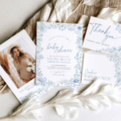 Blue Floral Toile de Jouy Baby Shower Invitation 招待状