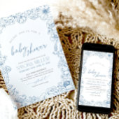 Blue Floral Toile de Jouy Baby Shower Invitation 招待状