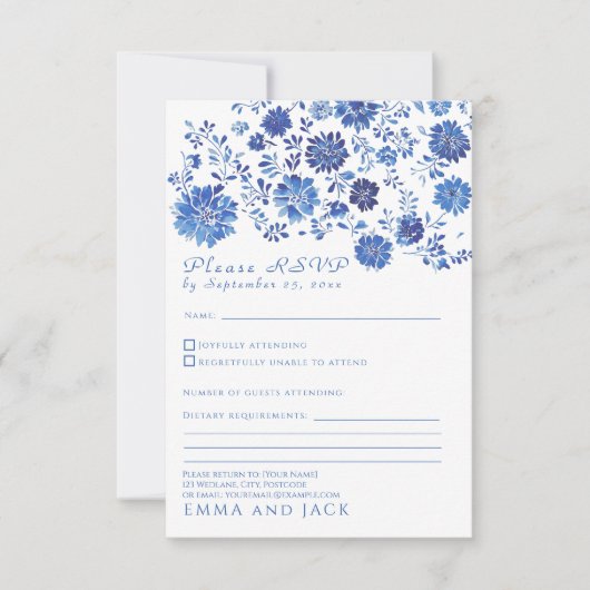 Blue Floral Toile style Wedding RSVP response Card (正面)