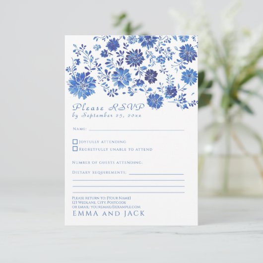 Blue Floral Toile style Wedding RSVP response Card (スタンド正面)
