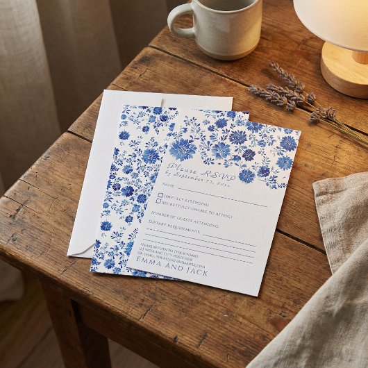 Blue Floral Toile style Wedding RSVP response Card