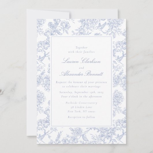 Blue Floral Toile Wedding Invitation 招待状 (正面)