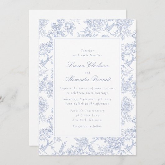 Blue Floral Toile Wedding Invitation 招待状 (正面/裏面)