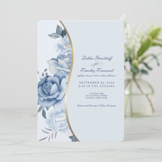 Blue Floral w/Custom Photo Wedding Invitation 招待状 (スタンド正面)
